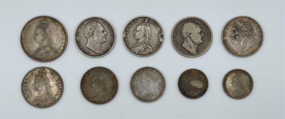 Approx. 10 x Asstd Great Britain Silver Coins c. 1821-87