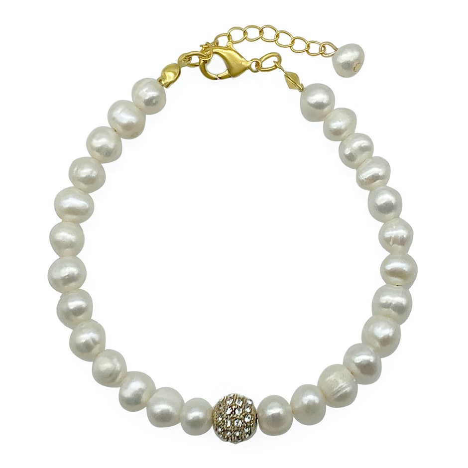 6-7mm White Pearl & Rhinestone Real 18k Gold Plated Bracelet