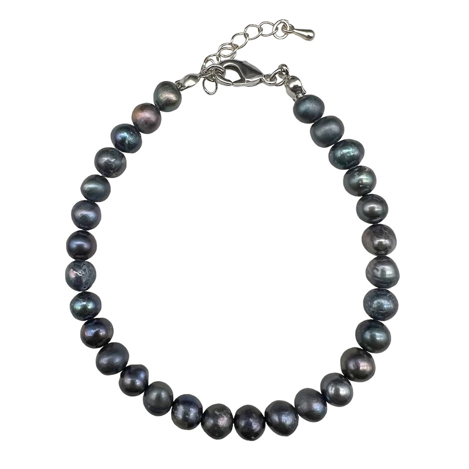 5-6mm Black Potato Shape Pearl with Platinum Plated Bracelet