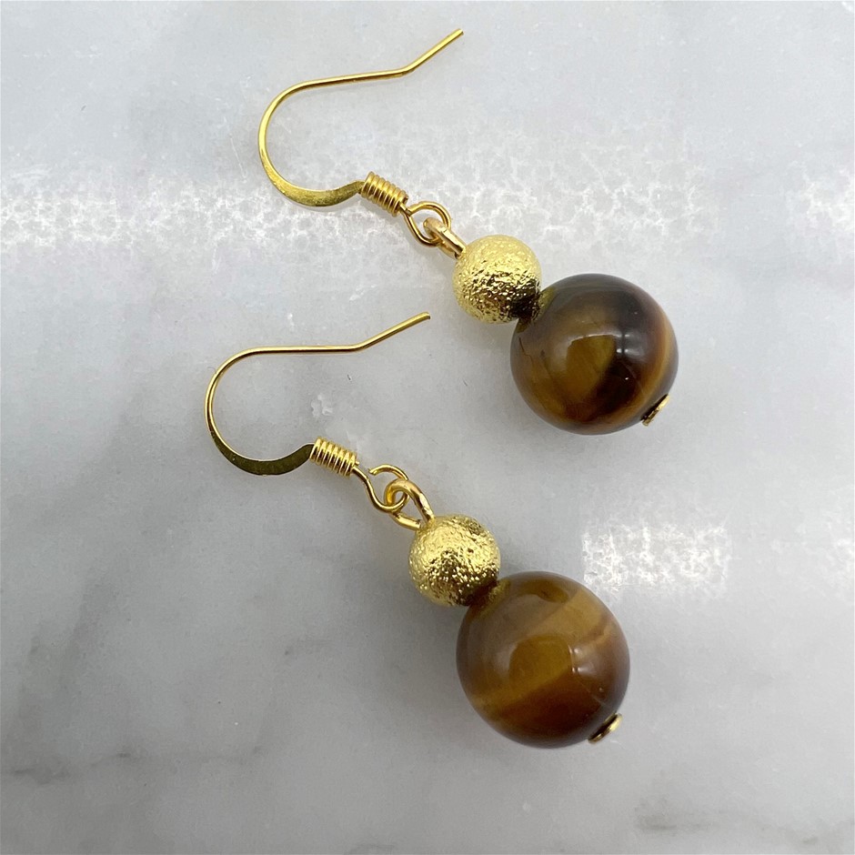 Tiger Eye Gemstone Gold Stardust Drop Earrings