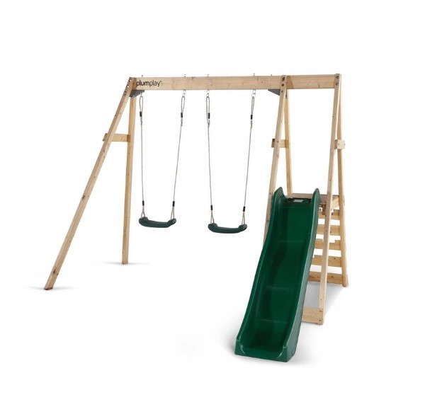 PLUM PLAY Kids Wooden Climbing Frame Double Swing Wave Slide Tamarin.