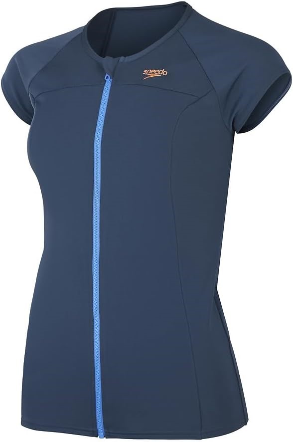 SPEEDO Women's Cap Sleeve Zip Rash Top, Size AU8, Spruce Blue, 8-0041061720