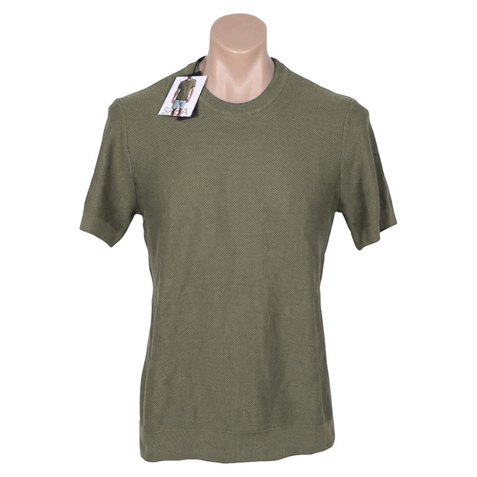 SABA Men's Knitted Textured Tee, Size S, 100% Cotton, Green/Olive, AG24804.