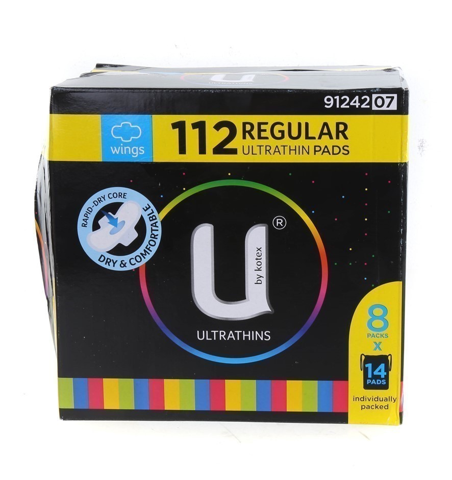 U BY KOTEX 112pk Regular Ultra Thin Pads w/ Wings. N.B. Damaged packaging &