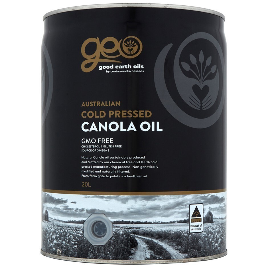 GOOD EARTH OILS Canola Oil, 20L. NB: Dented can & Minor leak.