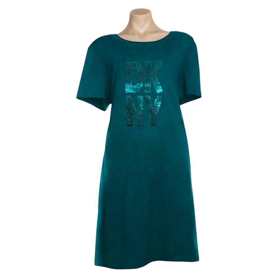 DKNY Women's Sequin Stacked Logo Tee Dress, Size S, 95% Cotton, Teal Glass