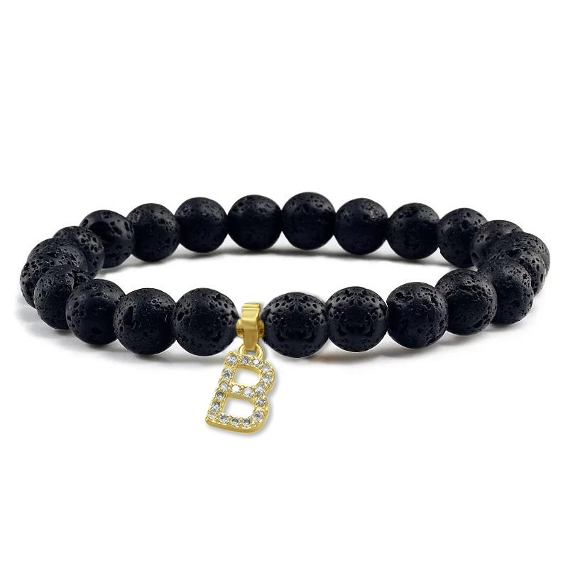 Unisex Black Volcanic Lava Rock Beaded Crystal Initial "B" Bracelet -Yellow