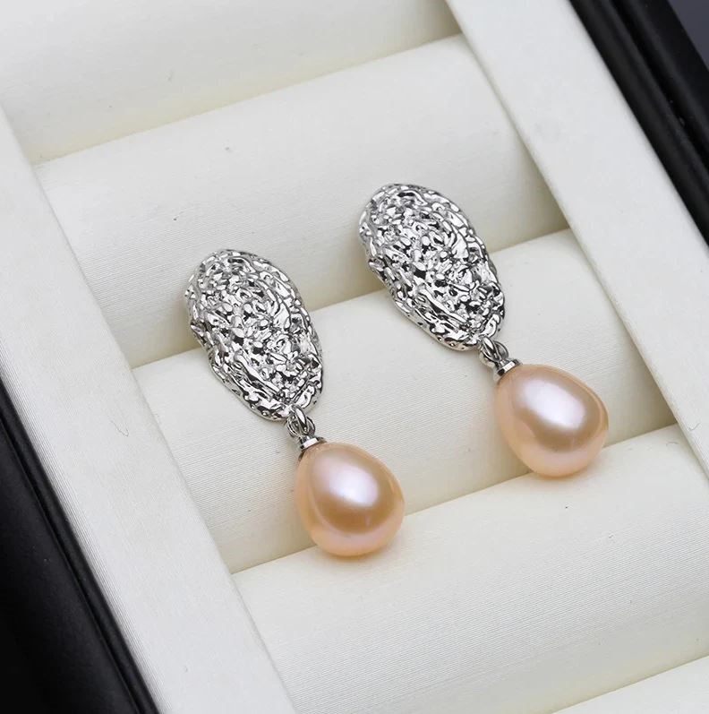 Designer Pink Floral Freshwater Pearl Drop Dangle Earrings in Silver