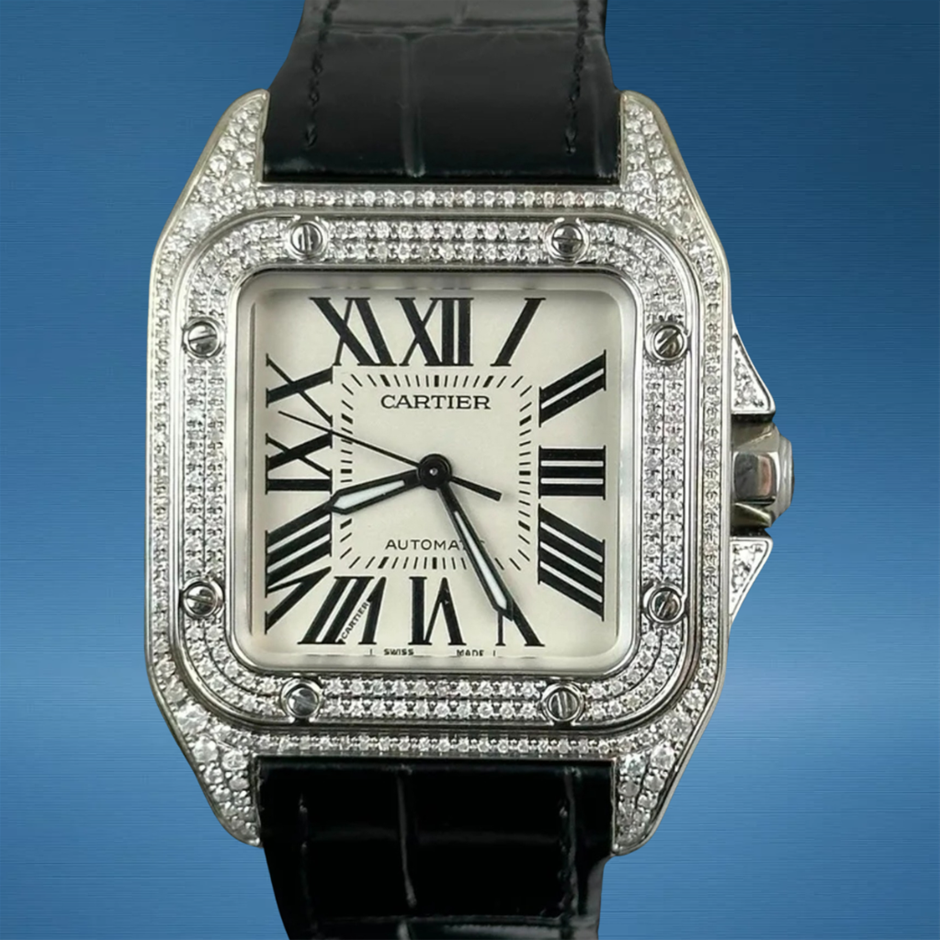 Cartier Santos 100 Custom Diamond 2878 White Dial WxO & COA