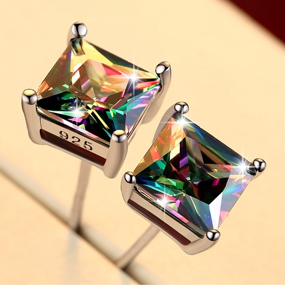 Designer 6mm Square Rainbow Stone Earrings in Silver