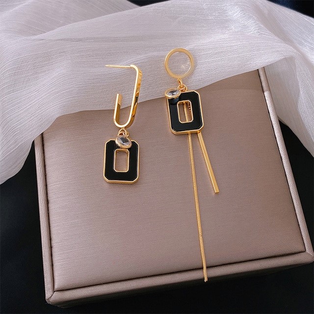 Designer Simulated Diamond Rectangular Drop Earrings in Gold