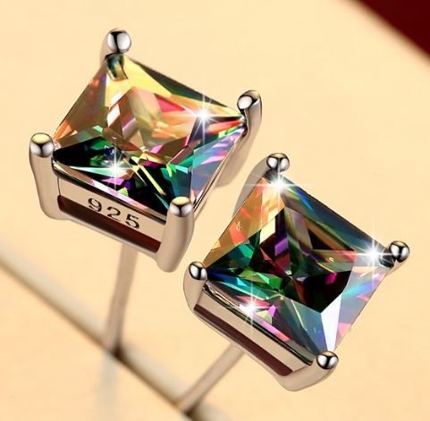 Designer 5mm Square Rainbow Stone Earrings in Silver