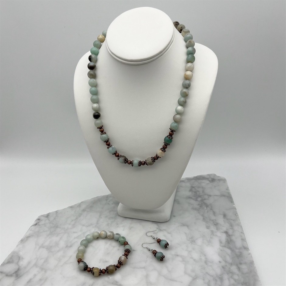 Lovely 10mm Amazonite Antique Inspired Necklace, Bracelet & Earring Set