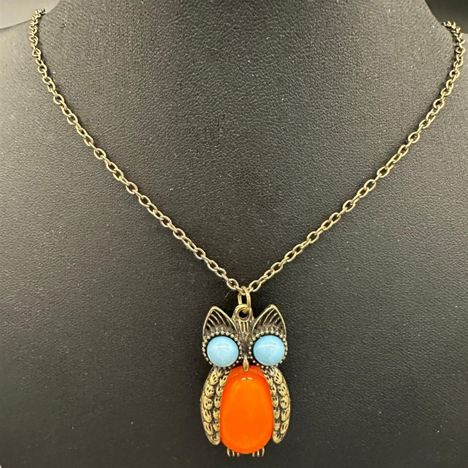 Bronze Orange & Blue Owl Necklace