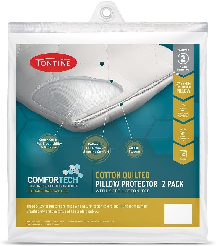 TONTINE Comfortech Cotton Quilted Pillow Protector, 2pk, White