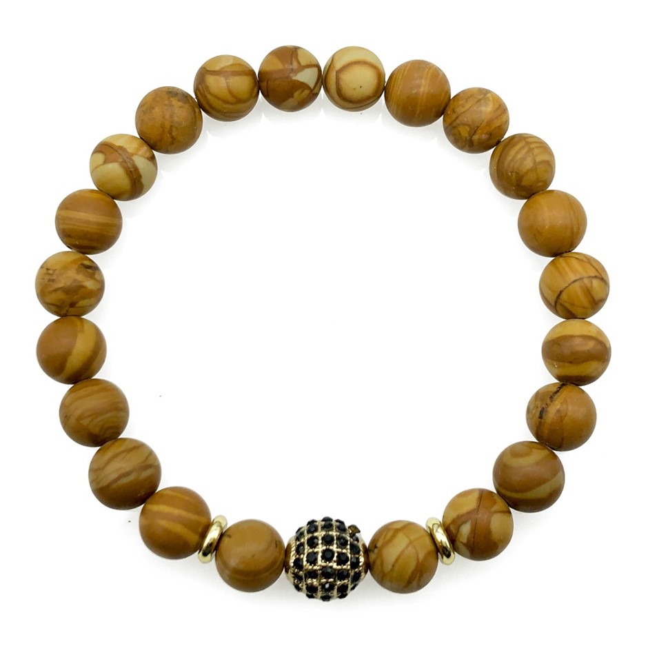Men's 8mm Wood Lace & Golden Rhinestone Beaded Gemstone Bracelet