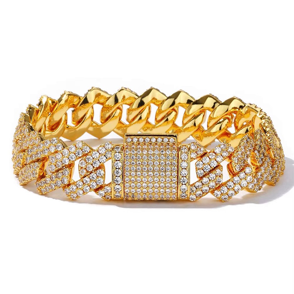 18K Gold-Filled Cuban Chain Bracelet with Simulated Diamonds - 17.8cm