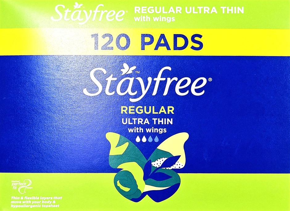 STAYFREE Box of 120 Pads, Regular Ultra Thin w/ Wings. N.B: Damaged box & a