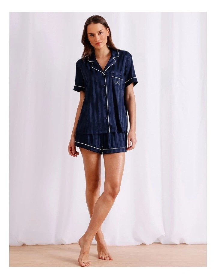CHLOE & LOLA Jacquard Stripe Satin PJ Set. Size L. Navy. RRP: $64.95. NB: m