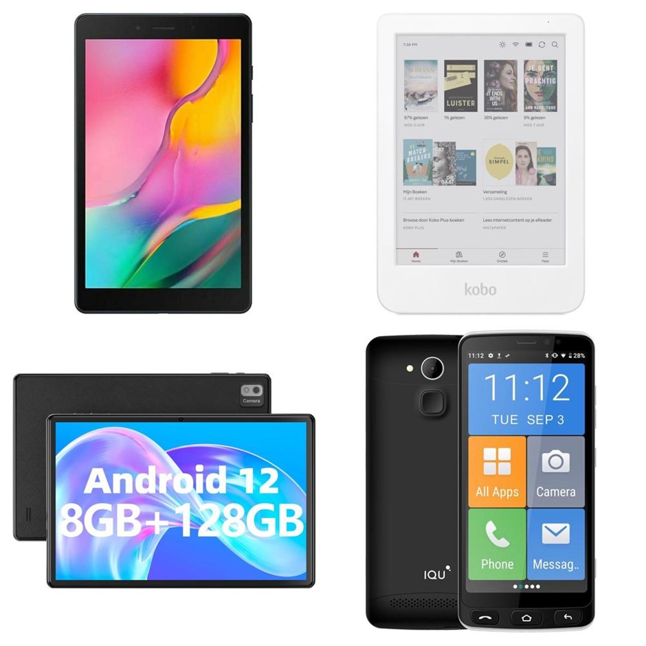 4 x Assorted Tablets. 1 x SAMSUNG Galaxy Tab A8. 1 x KOBO Clara Colour eRea