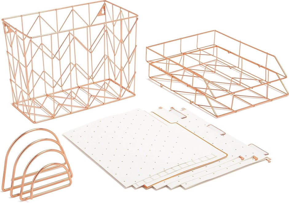 Desktop Filing Set, Desktop Organizer, Wire Metal, Rose Gold, 10 Pieces