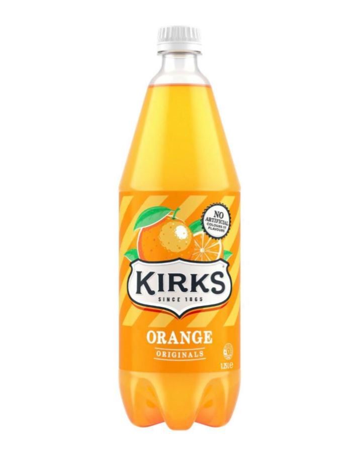 12 x KIRKS Orange Soft Drink Bottles, 1.25L. Best Before: 01/2026.