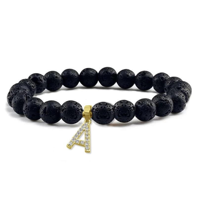 Unisex Black Volcanic Lava Rock Beaded Crystal Initial "A" Bracelet -Yellow