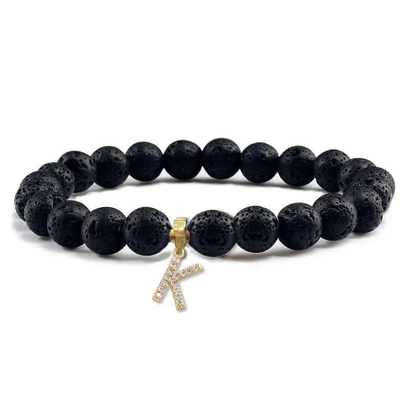 Unisex Black Volcanic Lava Rock Beaded Crystal Initial "K" Bracelet -Yellow