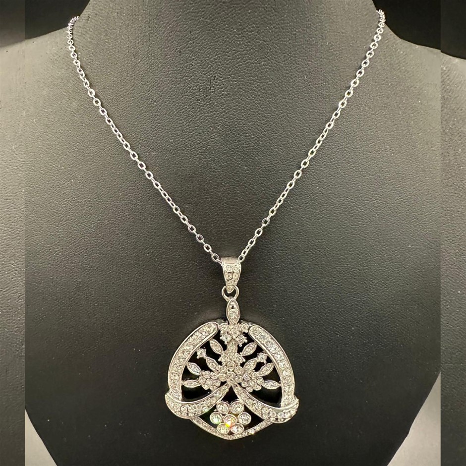 Designer Simulated Diamond Large Pendant Necklace in Silver