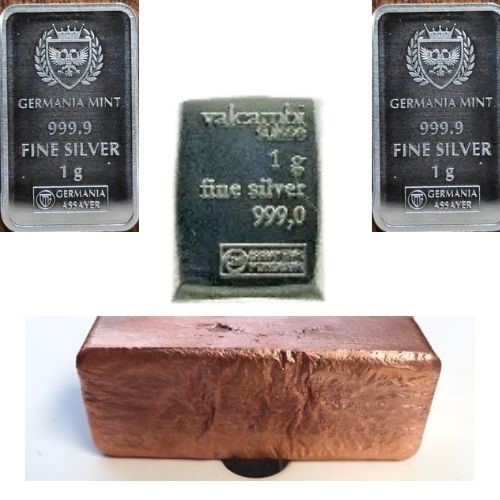 1 Kilo copper bar/ 1 gram silver bar & 2 x 1 gram Silver Bar