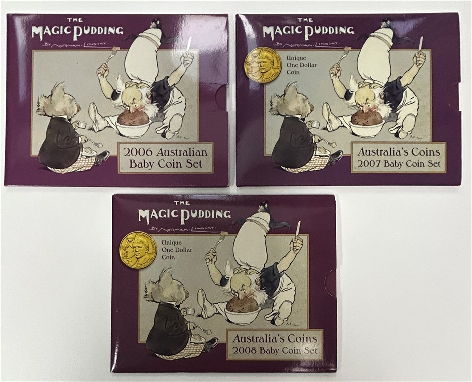 3 x 'The Magic Pudding' Uncirculated Baby Coin Sets 2006/2007/2008
