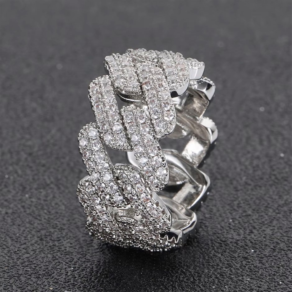 18K White Gold-Filled Cuban Iced Out Ring with Simulated Diamonds - Size 8
