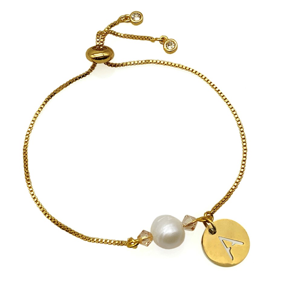 8-9mm Pearl & Swarovski Crystal & Initial Letter 'A' Charm Bracelet