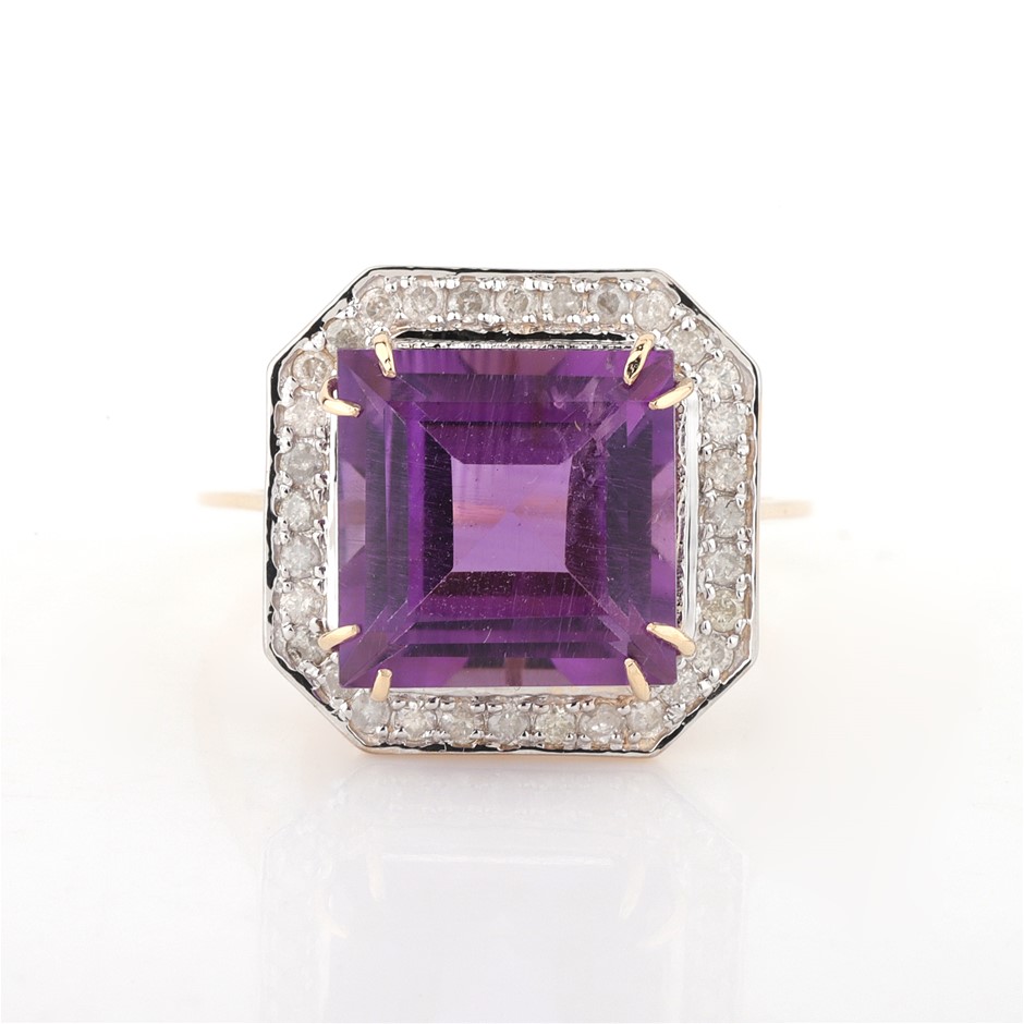 Yellow Gold Natural Amethyst & Diamond Ring with Valuation