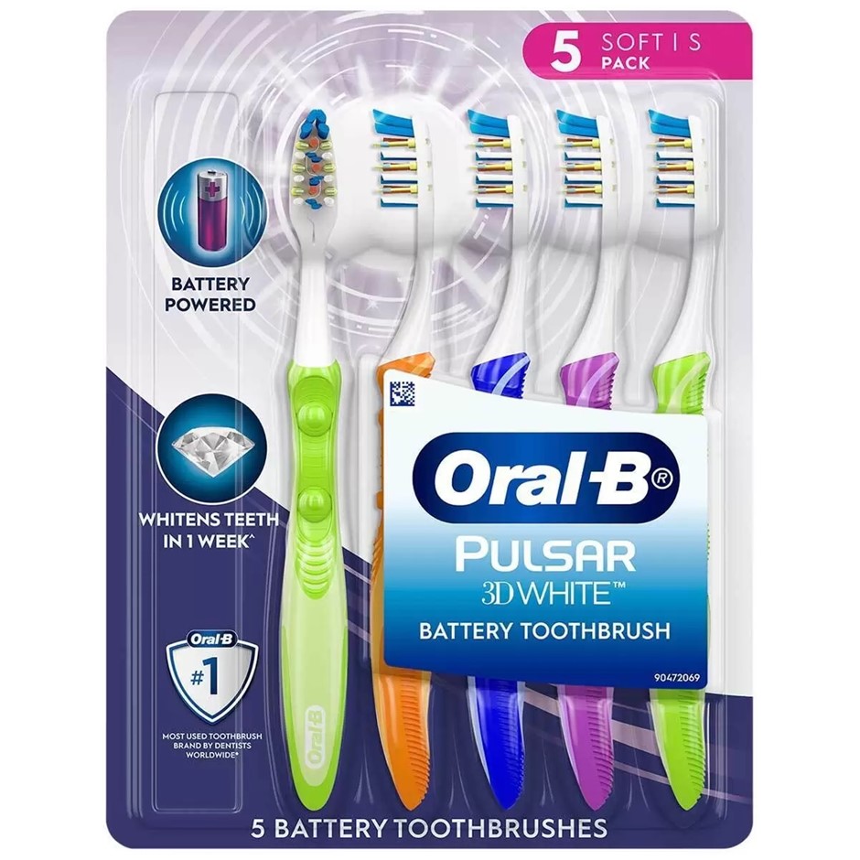 ORAL-B Pulsar 3D White Battery Toothbrushes, Soft, Assorted Colours. NB: co