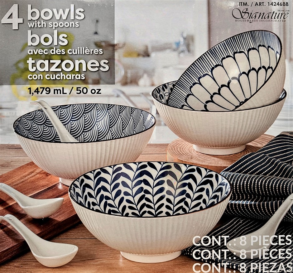 SIGNATURE HOUSE INCORPORATED 4 Piece Bowls w/ Spoons. NB: Damaged packaging