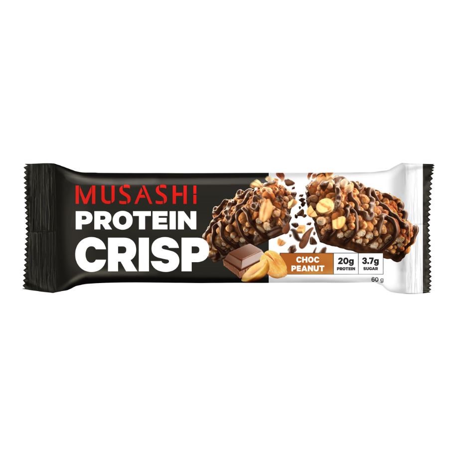 18 x MUSASHI Protein Crisp Choc Peanut Bar, 60g.