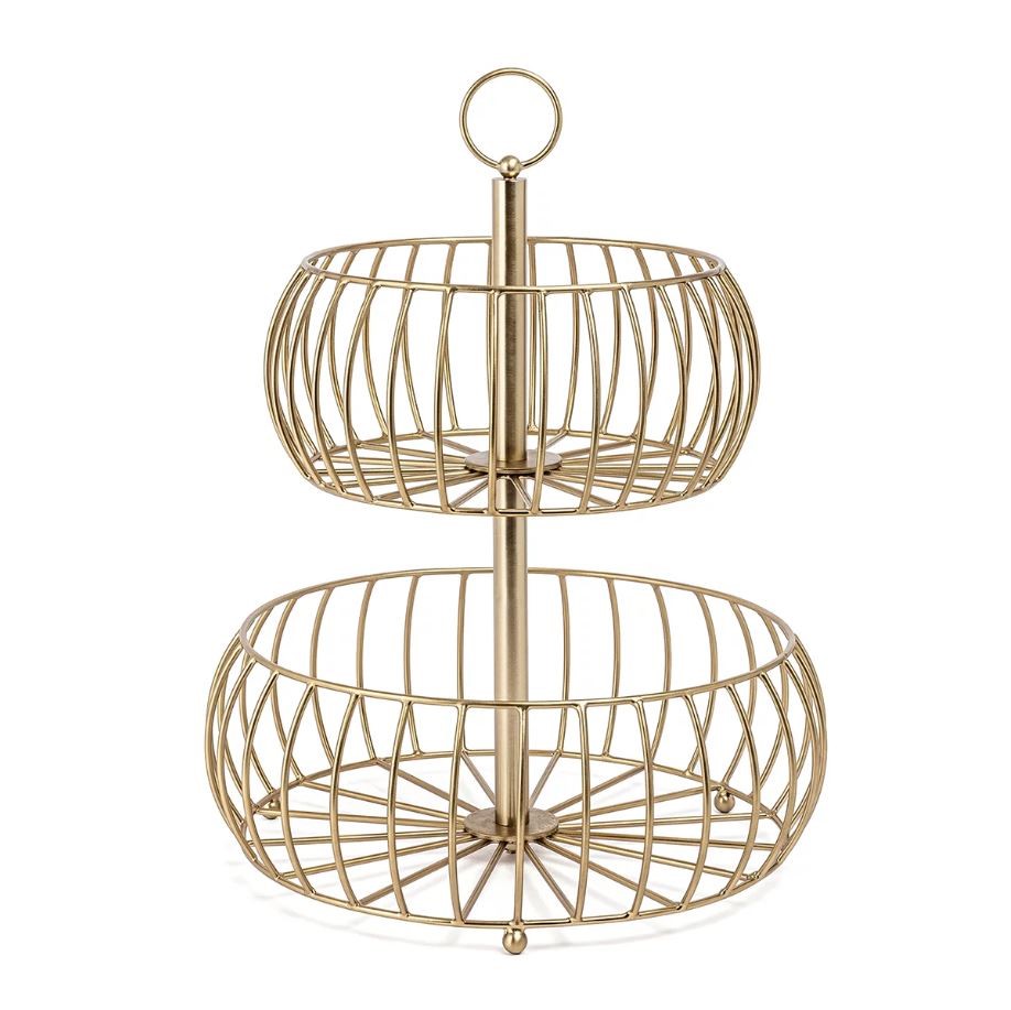 OVER AND BACK 2-Tier Golden Fruit Basket. NB: Minor use, some wirings on ba