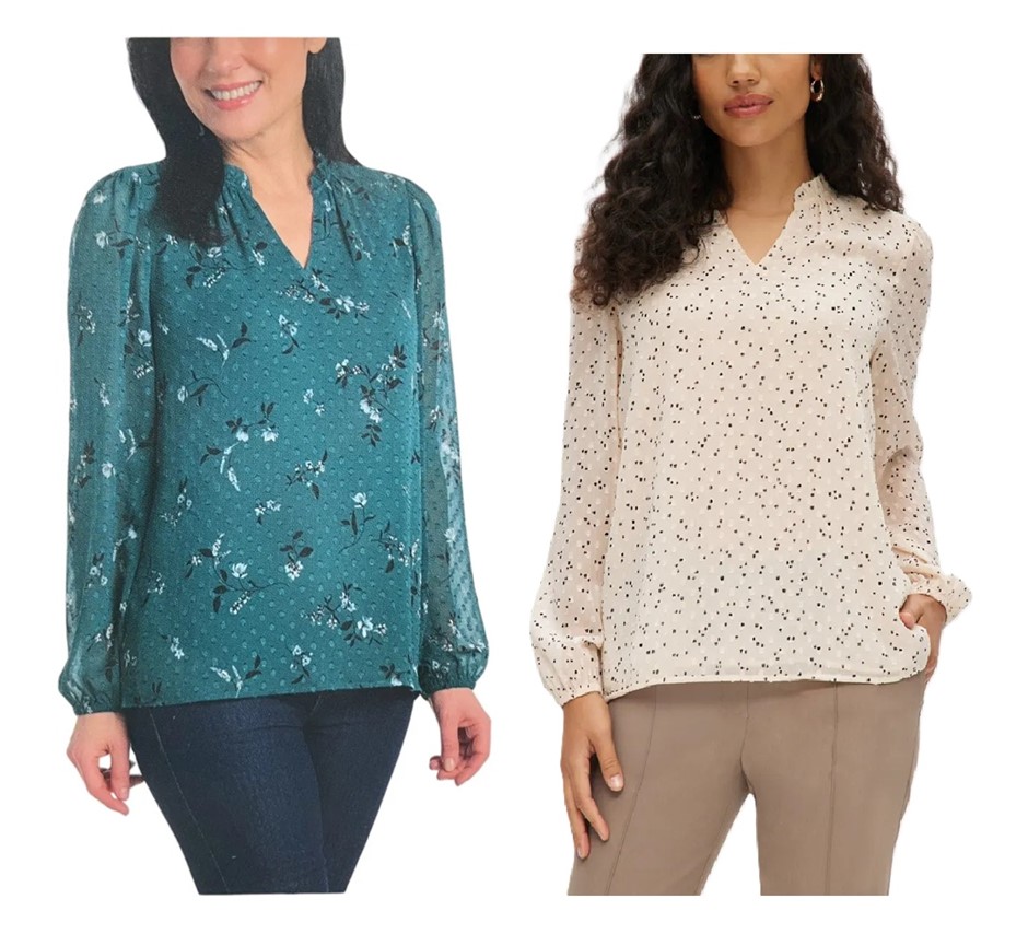 2 x HILARY RADLEY Women's Blouses, Size M, Deep Teal Combo & Ivory Cream Co