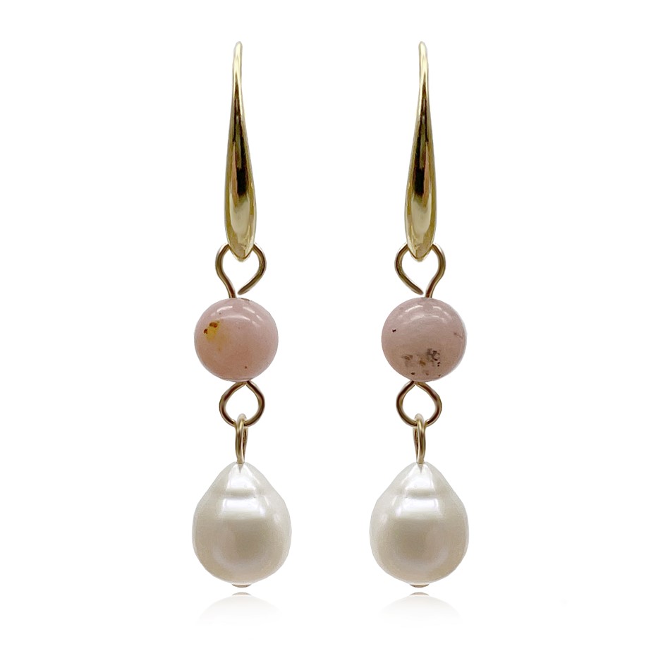 6mm Pink Opal & Baroque Pearl Dangling Earrings.