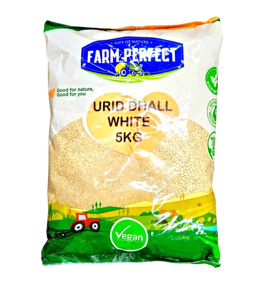 2 x FARM PERFECT Urid Dhall White, 5kg. N.B: Damaged packaging.