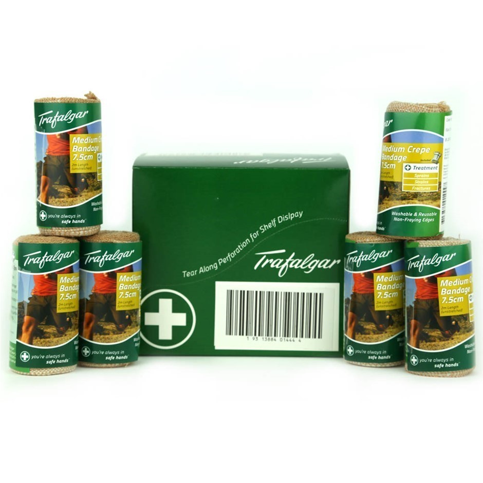 12 Packs x TRAFALGAR 6pc Medium Crepe Bandages 7.5cm, 2M Length.
