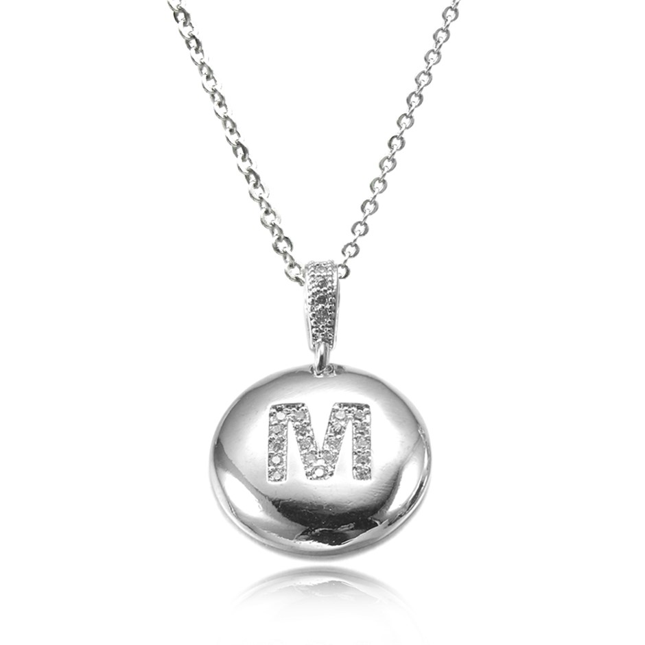 Letter 'M' Platinum Plated with CZ Pendant Necklace