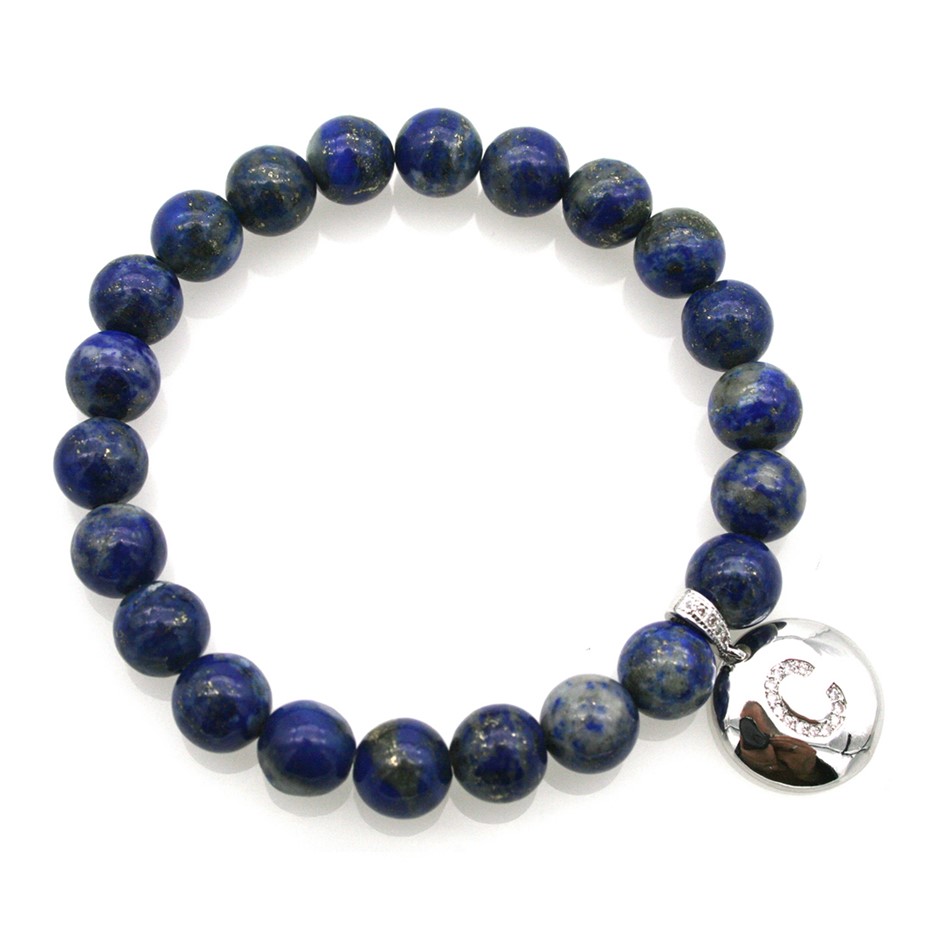 Round Lapis Lazuli & Letter 'C' Platinum Plated with CZ Bracelet