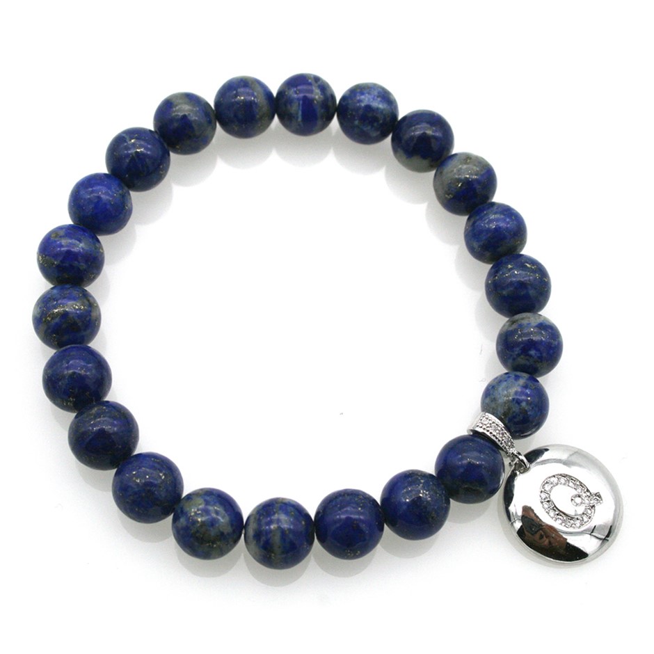 Round Lapis Lazuli & Letter 'Q' Platinum Plated with CZ  Bracelet