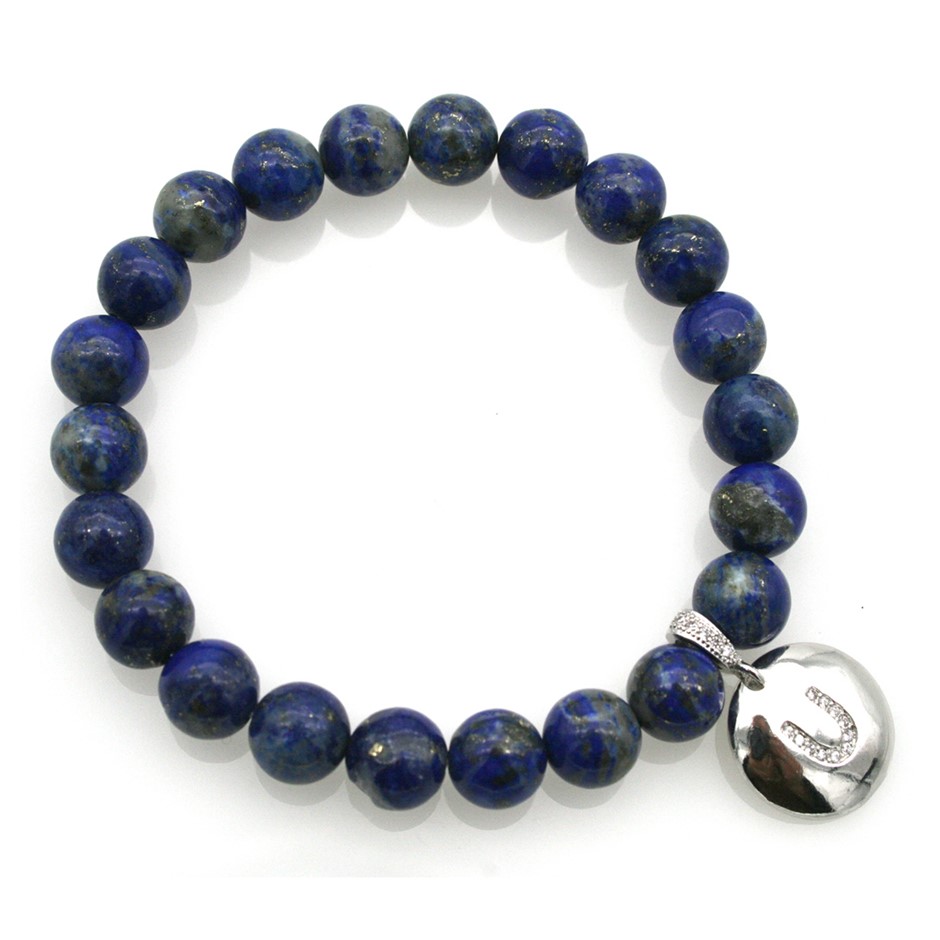 Round Lapis Lazuli & Letter 'U' Platinum Plated with CZ Bracelet