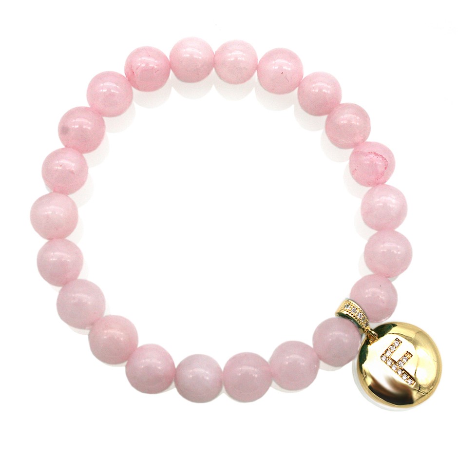 Round Rose Quartz & Letter 'F' Gold Plated with CZ  Bracelet