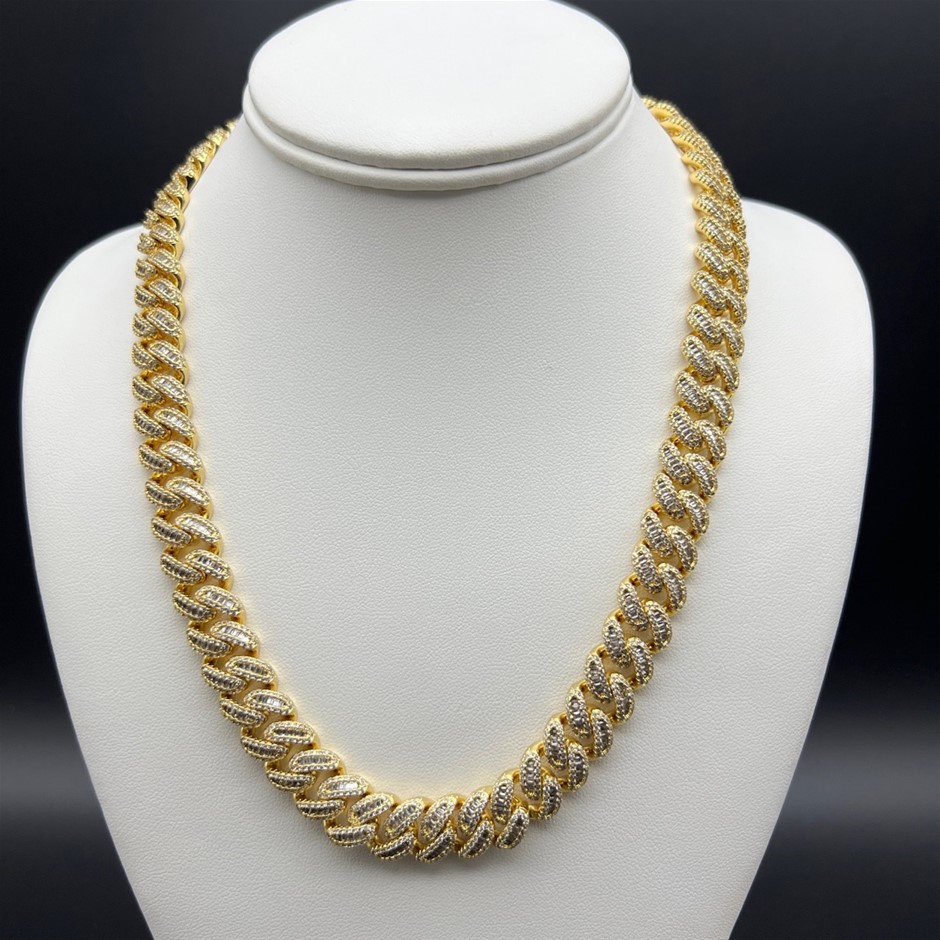 18K Gold-Filled Cuban Chain Necklace with Simulated Diamonds - 55.8cm