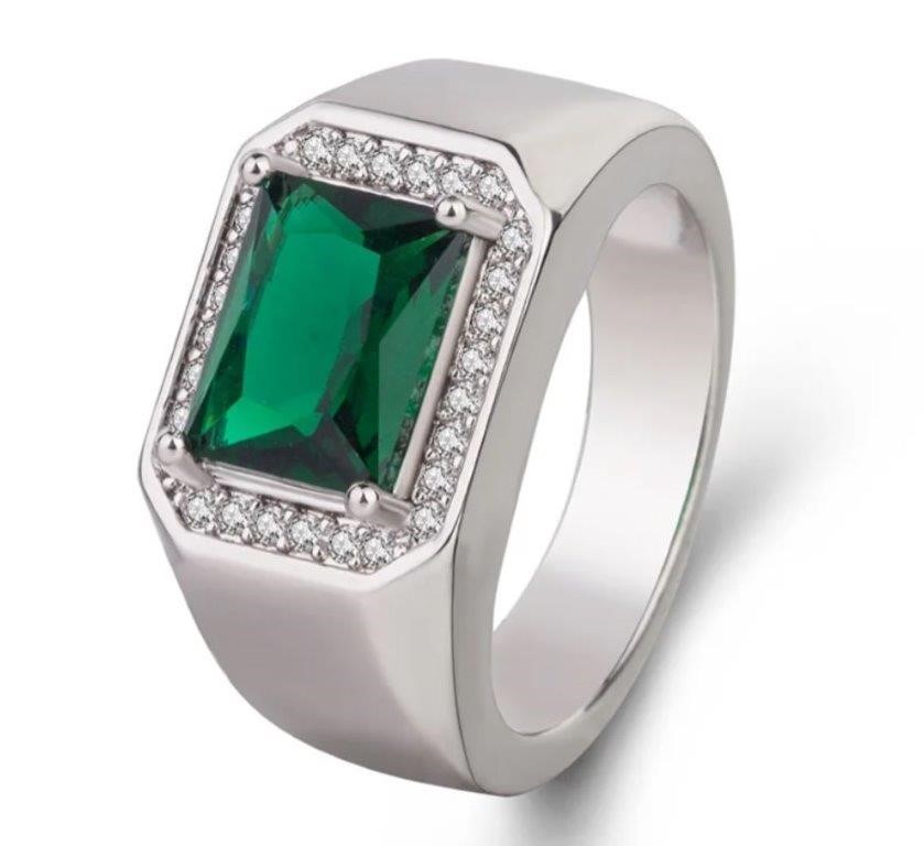925 Silver Ring 3.0ct Green Emerald Cut Simulated Diamodns-10us
