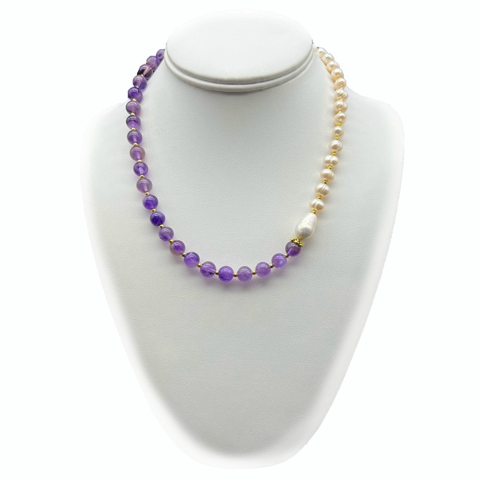 & Baroque Pearls with Amethyst 18k Gold Plated Necklace
